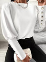 Women's Solid Elegant Button Balloon Sleeve Crew Neck Top