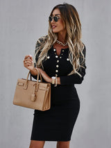 Women's Solid Color Long Sleeve Round Neck Button Dress
