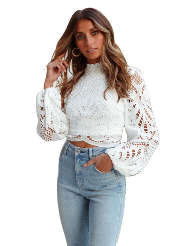 Women's woven sexy elegant fashion hollow lace shirt