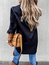 Women's solid color pocket irregular long sleeve lapel shirt