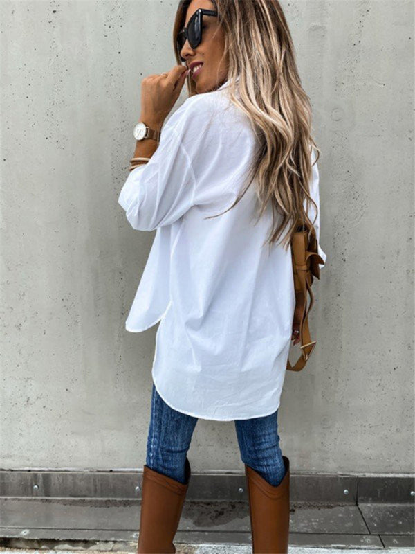 Women's solid color pocket irregular long sleeve lapel shirt