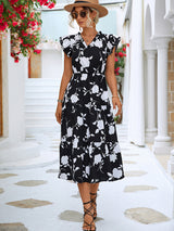 New Floral V-neck Printed Flying Sleeve Dress