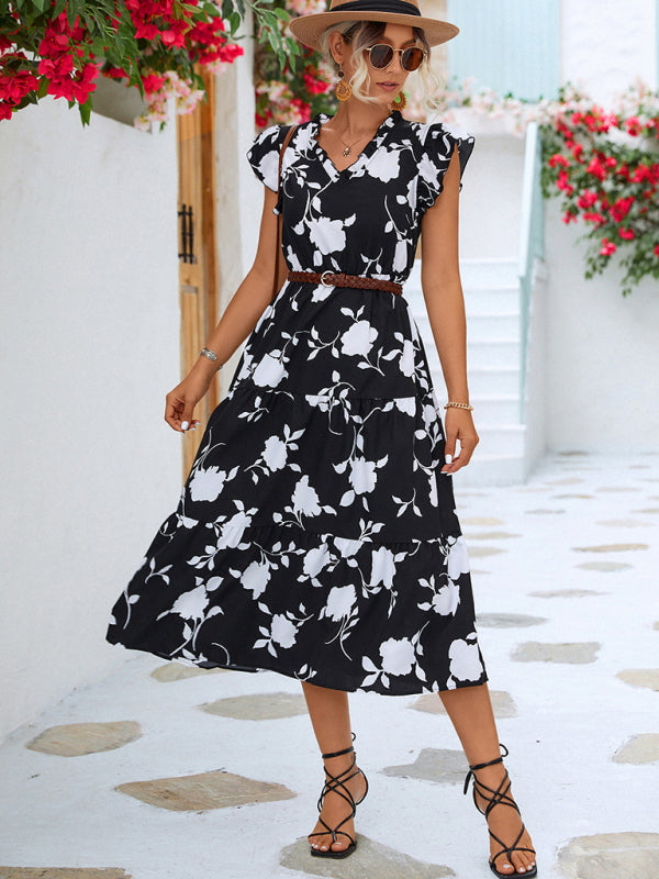 New Floral V-neck Printed Flying Sleeve Dress