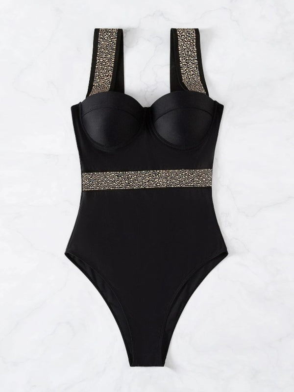 Women's rivet decor push-up one-piece swimwear