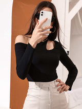 Women's Knitted Sexy Hollow Off Shoulder Long Sleeve T-Shirt