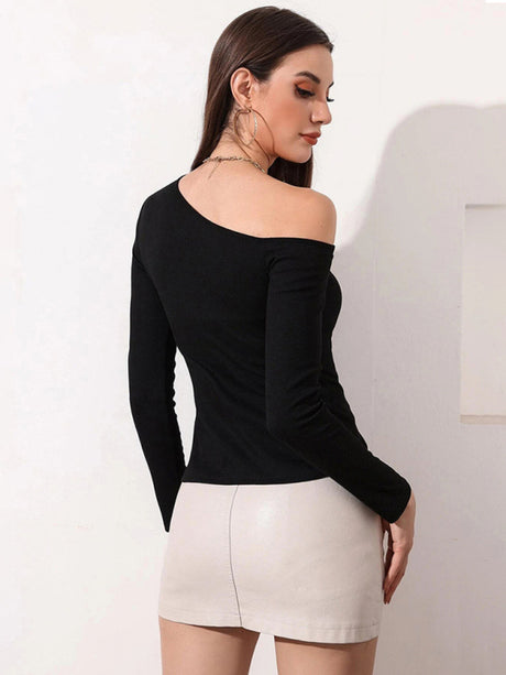 Women's Knitted Sexy Hollow Off Shoulder Long Sleeve T-Shirt