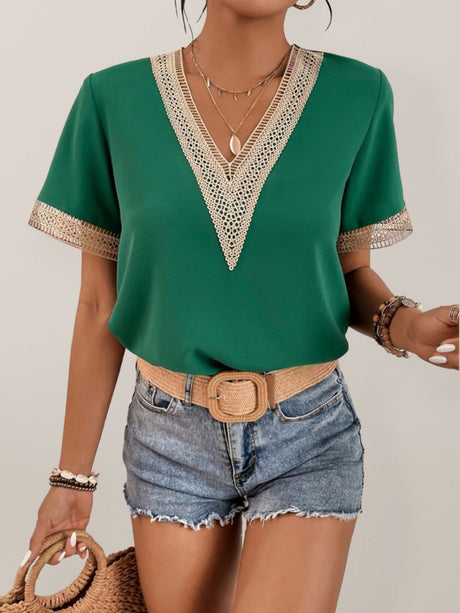 Women's solid V-neck lace short-sleeved top
