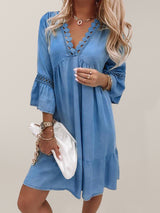 Women's V-neck printed lace paneled bohemian dress