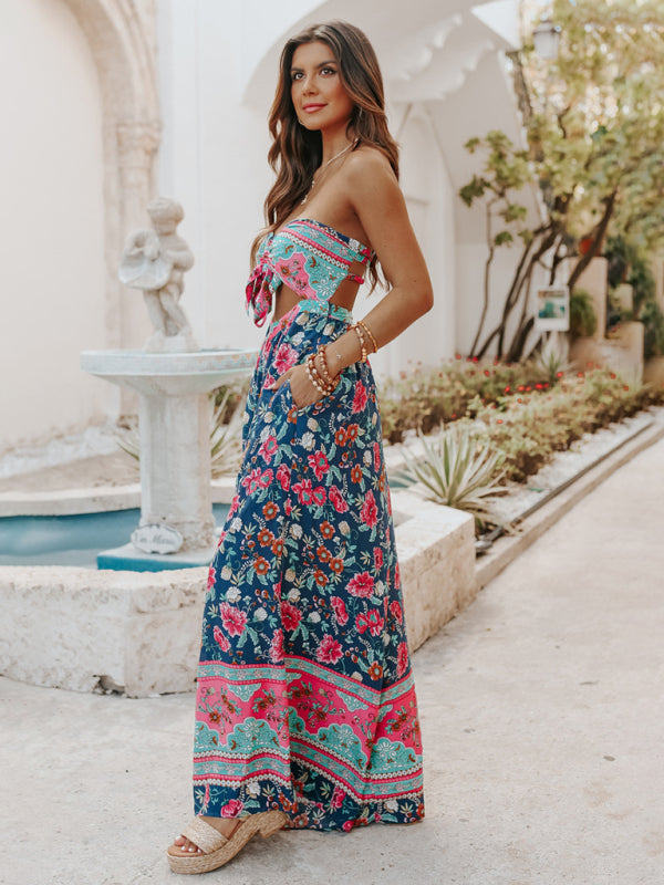 Women's Bohemian Print Cutout Tube Strapless Bow Tie Jumpsuit