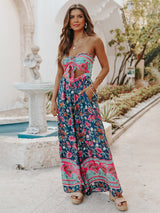 Women's Bohemian Print Cutout Tube Strapless Bow Tie Jumpsuit