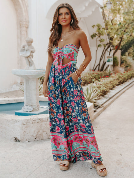 Women's Bohemian Print Cutout Tube Strapless Bow Tie Jumpsuit