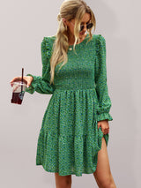 Round neck floral dress spring and summer long-sleeved all-match A-line skirt