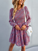 Round neck floral dress spring and summer long-sleeved all-match A-line skirt
