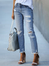 Raw edge ripped slim fit slim jeans women's straight leg cropped pants