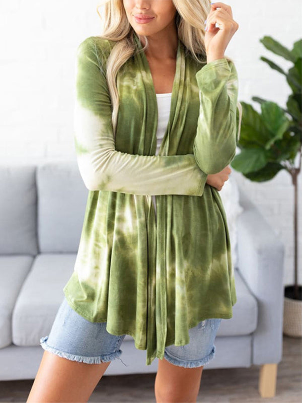 Women's New Tops Tie-Dye Long-sleeved Knitted T-Shirt Swing Neck Cardigan