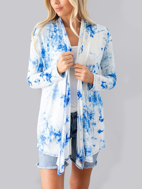 Women's New Tops Tie-Dye Long-sleeved Knitted T-Shirt Swing Neck Cardigan