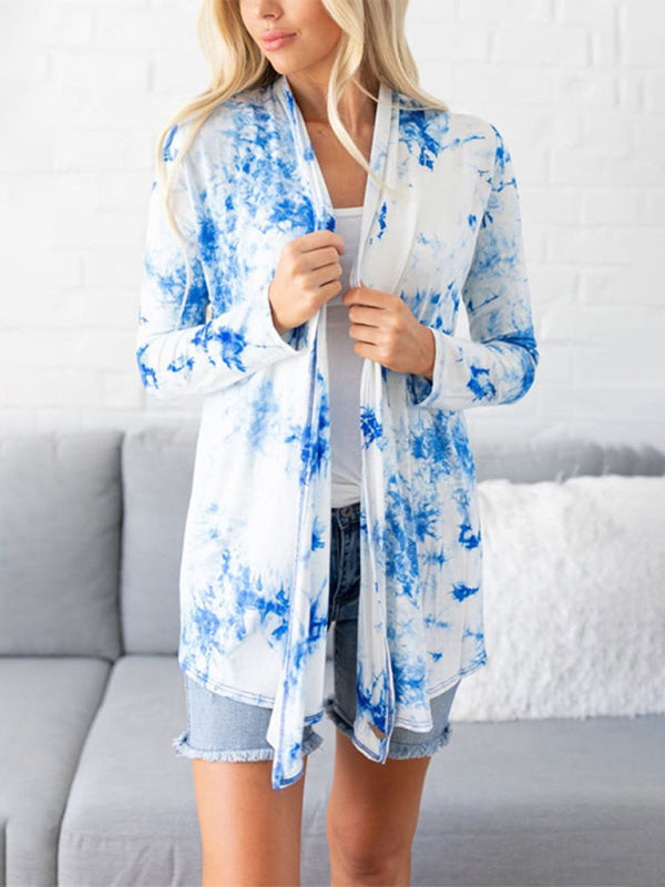 Women's New Tops Tie-Dye Long-sleeved Knitted T-Shirt Swing Neck Cardigan
