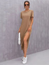 Women's Knitted Short Sleeve Dress Round Neck Slit Mid Skirt