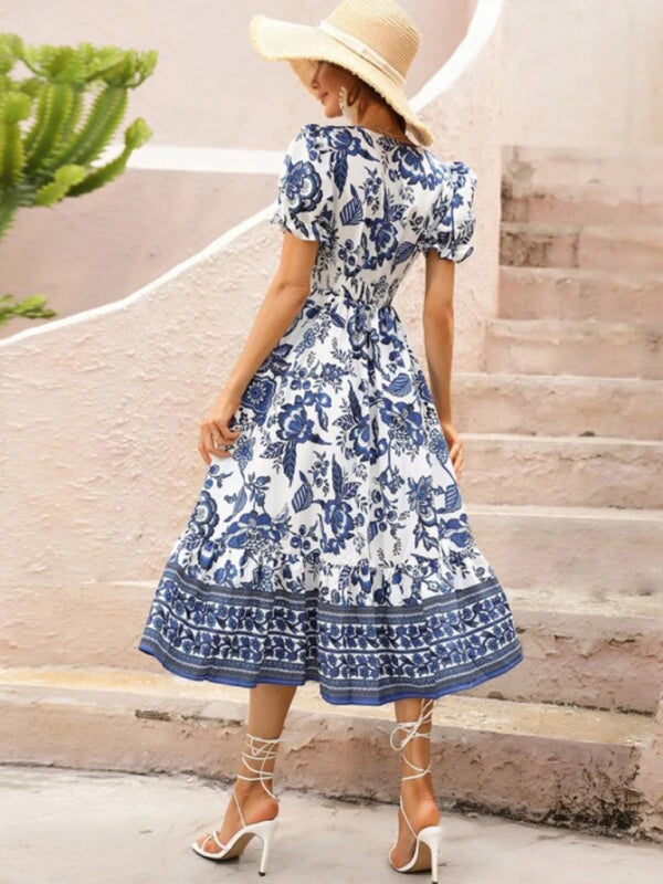 All-over positioning print printed puff-sleeved maxi-neck dressSizing: True to size Material composition: 95% polyester, 5% spandex Material: Polyester Pattern: Self design Season: Spring-Summer Sleeve_type: Regular sleeve Style: Grace Sleeve_length: Long