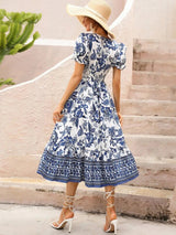 All-over positioning print printed puff-sleeved maxi-neck dressSizing: True to size Material composition: 95% polyester, 5% spandex Material: Polyester Pattern: Self design Season: Spring-Summer Sleeve_type: Regular sleeve Style: Grace Sleeve_length: Long