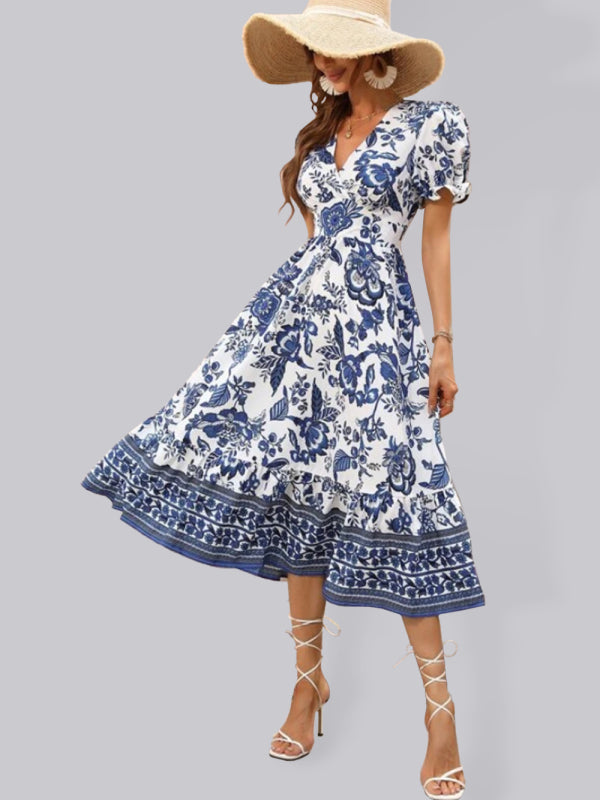 All-over positioning print printed puff-sleeved maxi-neck dressSizing: True to size Material composition: 95% polyester, 5% spandex Material: Polyester Pattern: Self design Season: Spring-Summer Sleeve_type: Regular sleeve Style: Grace Sleeve_length: Long