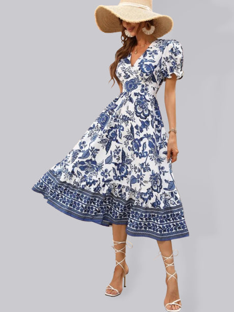 All-over positioning print printed puff-sleeved maxi-neck dressSizing: True to size Material composition: 95% polyester, 5% spandex Material: Polyester Pattern: Self design Season: Spring-Summer Sleeve_type: Regular sleeve Style: Grace Sleeve_length: Long