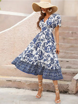 All-over positioning print printed puff-sleeved maxi-neck dressSizing: True to size Material composition: 95% polyester, 5% spandex Material: Polyester Pattern: Self design Season: Spring-Summer Sleeve_type: Regular sleeve Style: Grace Sleeve_length: Long