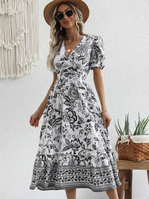 All-over positioning print printed puff-sleeved maxi-neck dressSizing: True to size Material composition: 95% polyester, 5% spandex Material: Polyester Pattern: Self design Season: Spring-Summer Sleeve_type: Regular sleeve Style: Grace Sleeve_length: Long