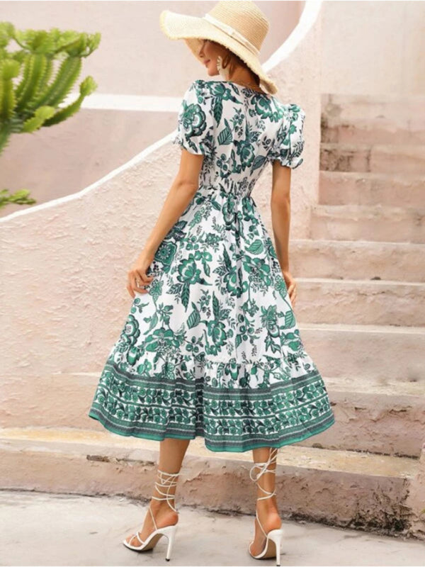 All-over positioning print printed puff-sleeved maxi-neck dressSizing: True to size Material composition: 95% polyester, 5% spandex Material: Polyester Pattern: Self design Season: Spring-Summer Sleeve_type: Regular sleeve Style: Grace Sleeve_length: Long
