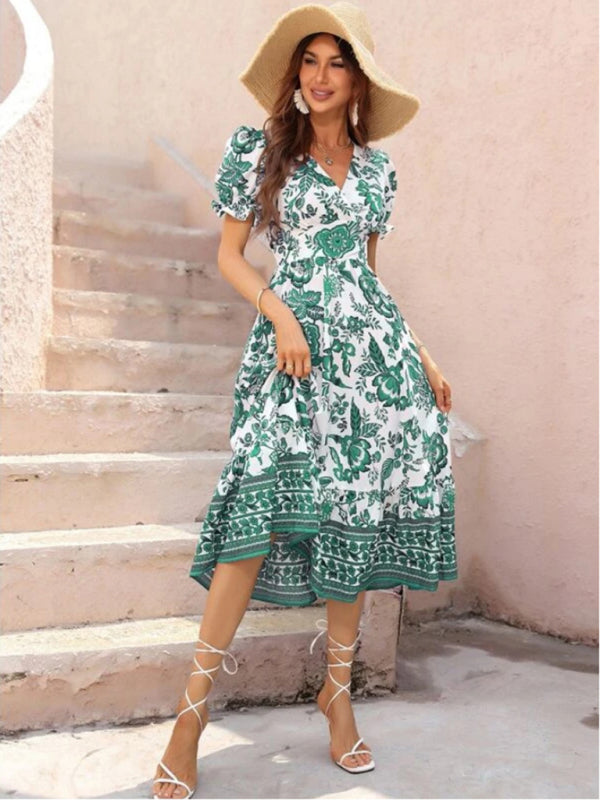 All-over positioning print printed puff-sleeved maxi-neck dressSizing: True to size Material composition: 95% polyester, 5% spandex Material: Polyester Pattern: Self design Season: Spring-Summer Sleeve_type: Regular sleeve Style: Grace Sleeve_length: Long