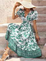 All-over positioning print printed puff-sleeved maxi-neck dressSizing: True to size Material composition: 95% polyester, 5% spandex Material: Polyester Pattern: Self design Season: Spring-Summer Sleeve_type: Regular sleeve Style: Grace Sleeve_length: Long