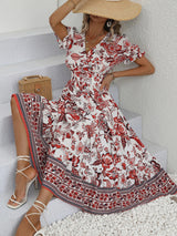 All-over positioning print printed puff-sleeved maxi-neck dressSizing: True to size Material composition: 95% polyester, 5% spandex Material: Polyester Pattern: Self design Season: Spring-Summer Sleeve_type: Regular sleeve Style: Grace Sleeve_length: Long