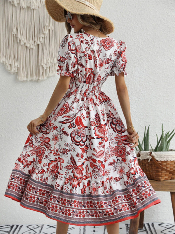 All-over positioning print printed puff-sleeved maxi-neck dressSizing: True to size Material composition: 95% polyester, 5% spandex Material: Polyester Pattern: Self design Season: Spring-Summer Sleeve_type: Regular sleeve Style: Grace Sleeve_length: Long
