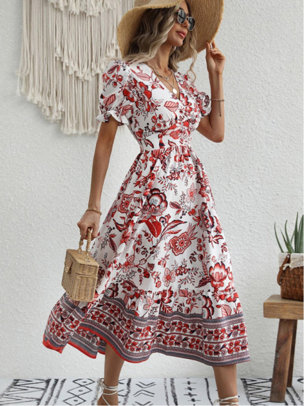 All-over positioning print printed puff-sleeved maxi-neck dressSizing: True to size Material composition: 95% polyester, 5% spandex Material: Polyester Pattern: Self design Season: Spring-Summer Sleeve_type: Regular sleeve Style: Grace Sleeve_length: Long