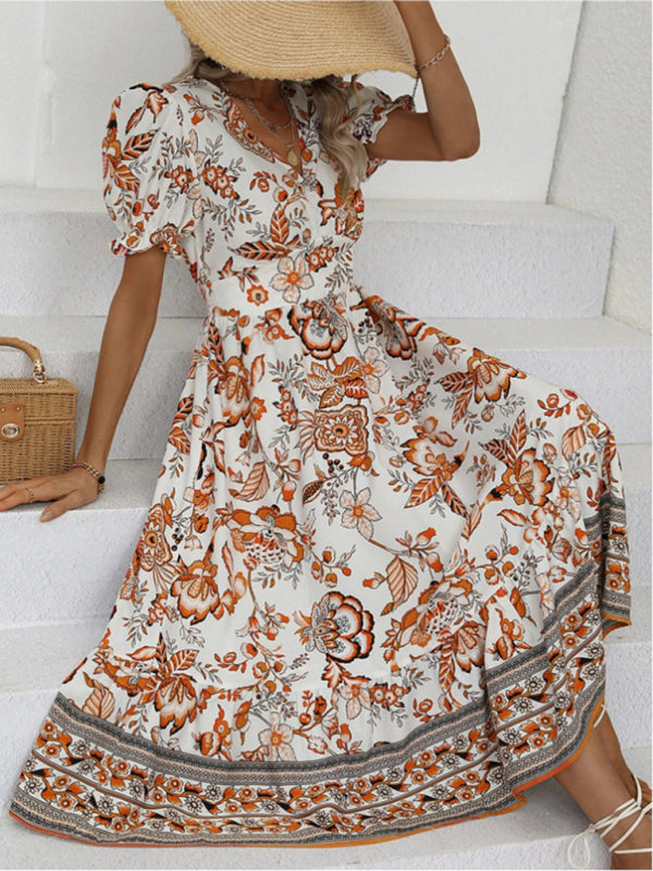 All-over positioning print printed puff-sleeved maxi-neck dressSizing: True to size Material composition: 95% polyester, 5% spandex Material: Polyester Pattern: Self design Season: Spring-Summer Sleeve_type: Regular sleeve Style: Grace Sleeve_length: Long