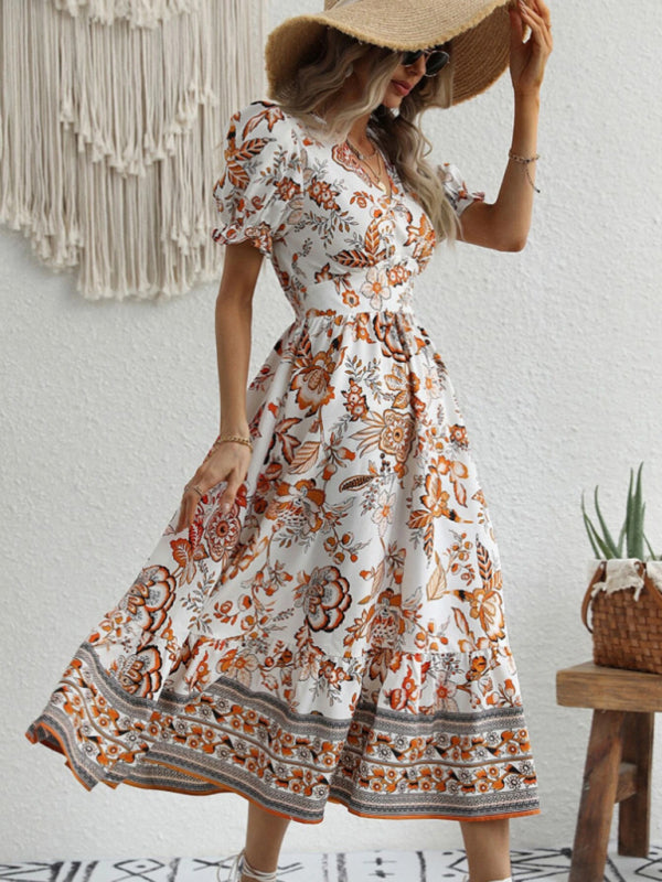 All-over positioning print printed puff-sleeved maxi-neck dressSizing: True to size Material composition: 95% polyester, 5% spandex Material: Polyester Pattern: Self design Season: Spring-Summer Sleeve_type: Regular sleeve Style: Grace Sleeve_length: Long