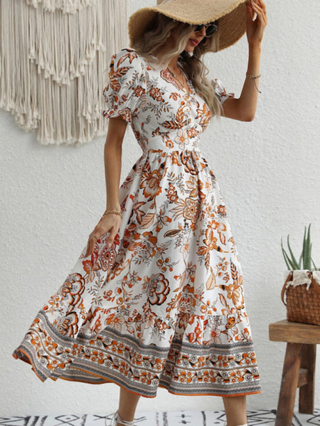 All-over positioning print printed puff-sleeved maxi-neck dressSizing: True to size Material composition: 95% polyester, 5% spandex Material: Polyester Pattern: Self design Season: Spring-Summer Sleeve_type: Regular sleeve Style: Grace Sleeve_length: Long