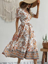 All-over positioning print printed puff-sleeved maxi-neck dressSizing: True to size Material composition: 95% polyester, 5% spandex Material: Polyester Pattern: Self design Season: Spring-Summer Sleeve_type: Regular sleeve Style: Grace Sleeve_length: Long