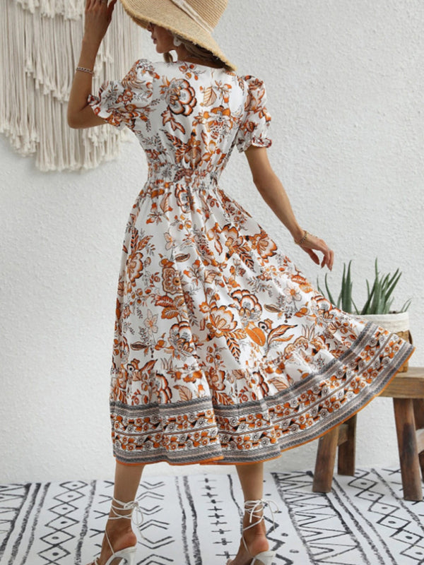 All-over positioning print printed puff-sleeved maxi-neck dressSizing: True to size Material composition: 95% polyester, 5% spandex Material: Polyester Pattern: Self design Season: Spring-Summer Sleeve_type: Regular sleeve Style: Grace Sleeve_length: Long