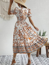 All-over positioning print printed puff-sleeved maxi-neck dressSizing: True to size Material composition: 95% polyester, 5% spandex Material: Polyester Pattern: Self design Season: Spring-Summer Sleeve_type: Regular sleeve Style: Grace Sleeve_length: Long