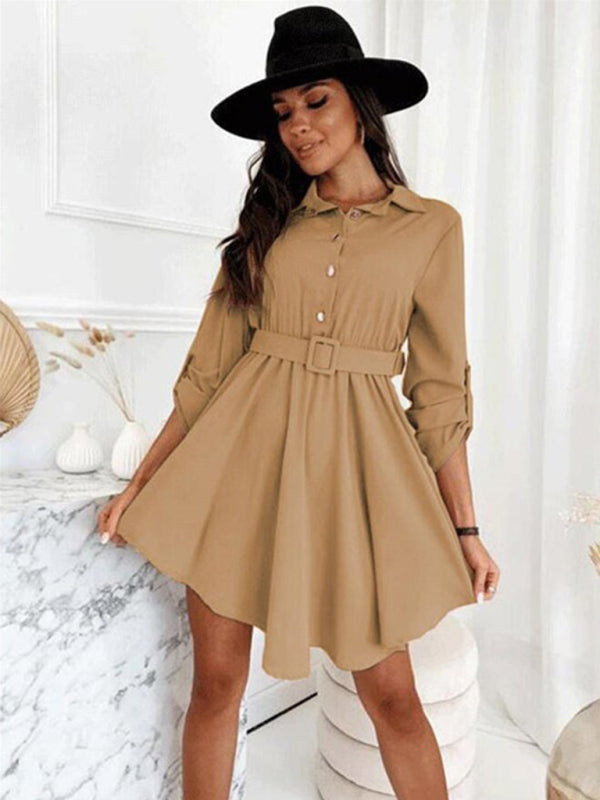 New style pull-sleeve waist shirt long-sleeved solid color dress