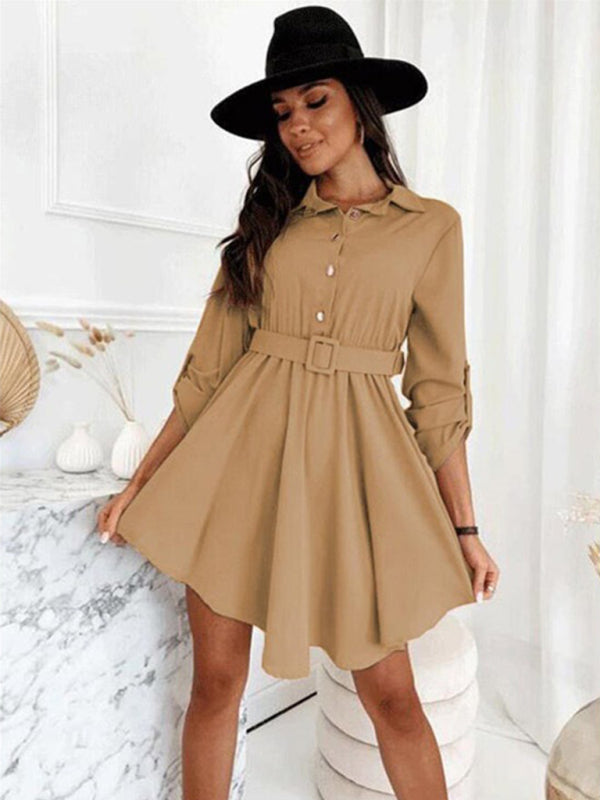 New style pull-sleeve waist shirt long-sleeved solid color dress