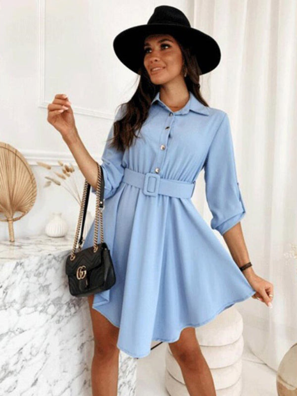 New style pull-sleeve waist shirt long-sleeved solid color dress