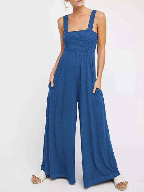 Women's Square Neck Casual Slim Pleated Jumpsuit