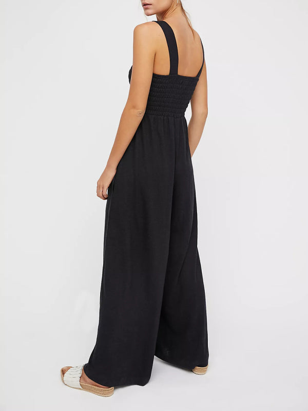 Women's Square Neck Casual Slim Pleated Jumpsuit