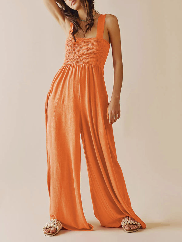 Women's Square Neck Casual Slim Pleated Jumpsuit