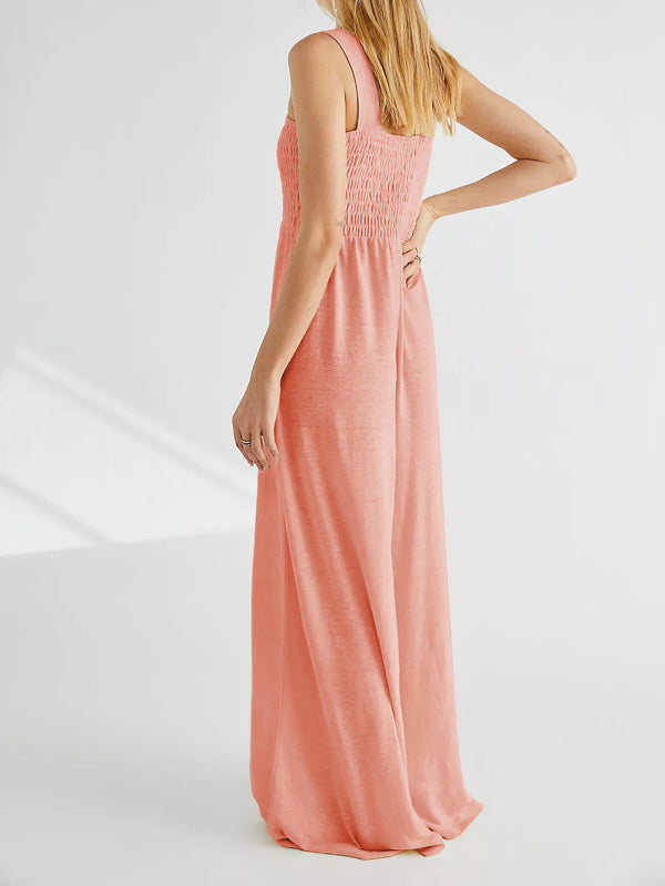 Women's Square Neck Casual Slim Pleated Jumpsuit