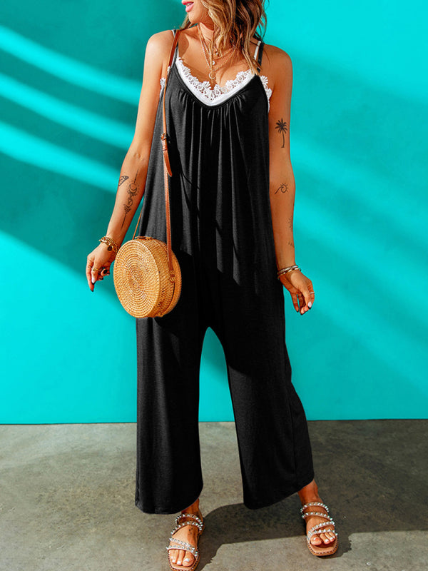 Women's casual suspenders jumpsuit loose simple wide-leg jumpsuit