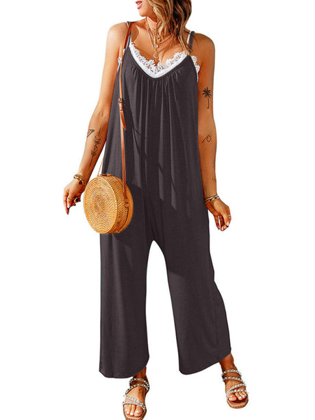 Women's casual suspenders jumpsuit loose simple wide-leg jumpsuit