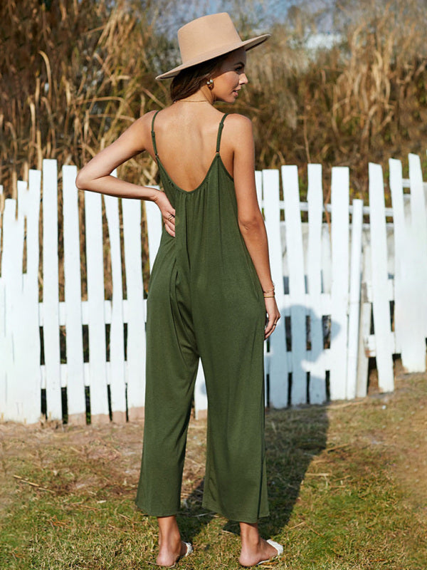 Women's casual suspenders jumpsuit loose simple wide-leg jumpsuit